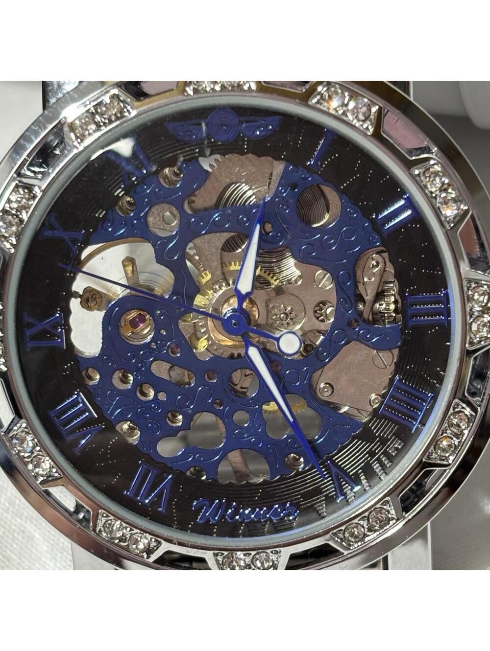 Winner Mechanical Skeleton Watch Blue Roman Dial Crystal Bezel Wind Up